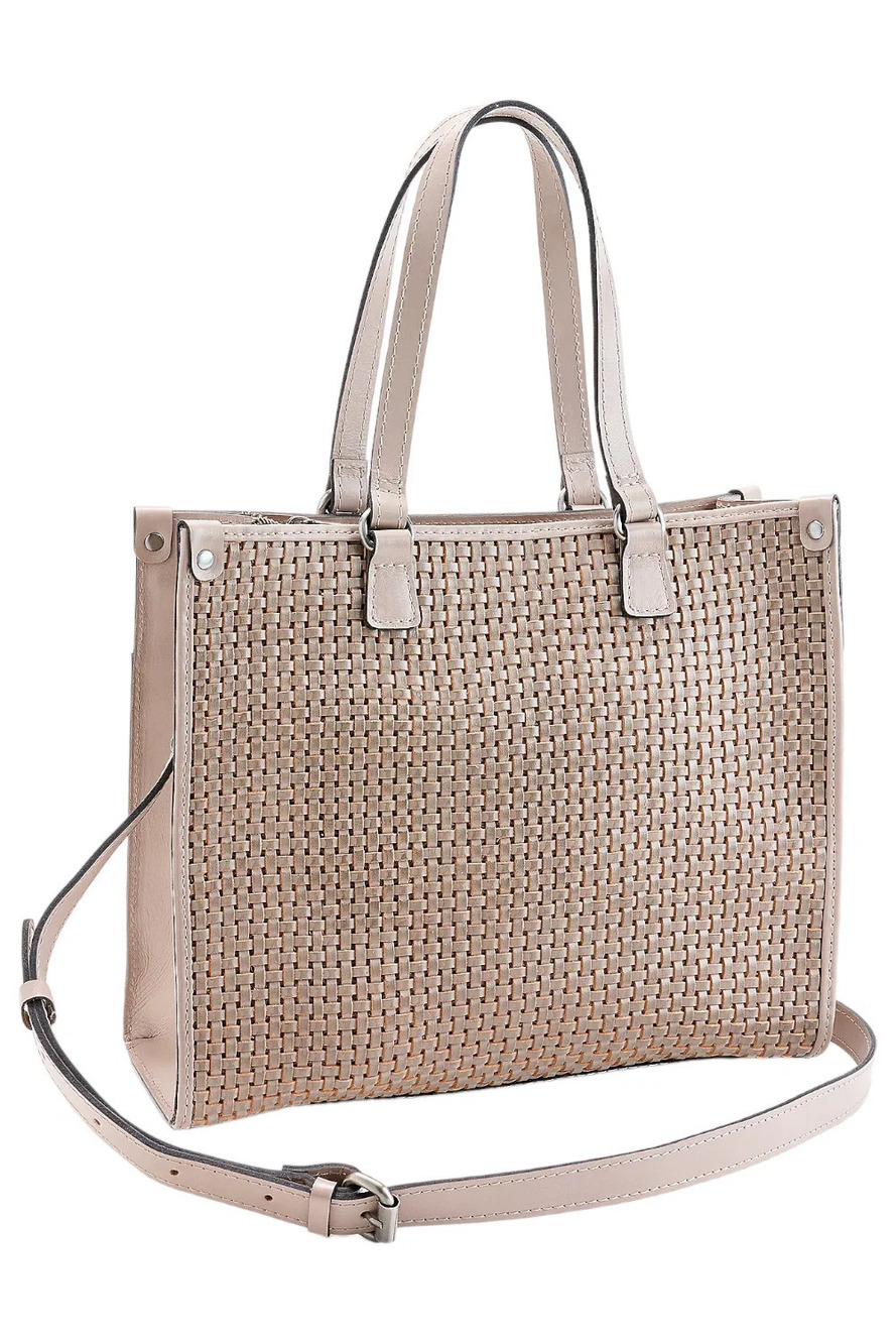 Patricia Nash Leather Ava Medium Tote w/ Crossbody Strap Stone Woven - Picture 1 of 1